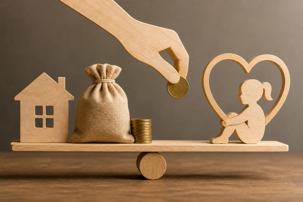A conceptual image representing how child support is calculated in Idaho, featuring a balanced scale with financial elements like money and housing on one side and a child figure within a heart on the other, symbolizing the allocation of financial responsibility for a child's well-being.