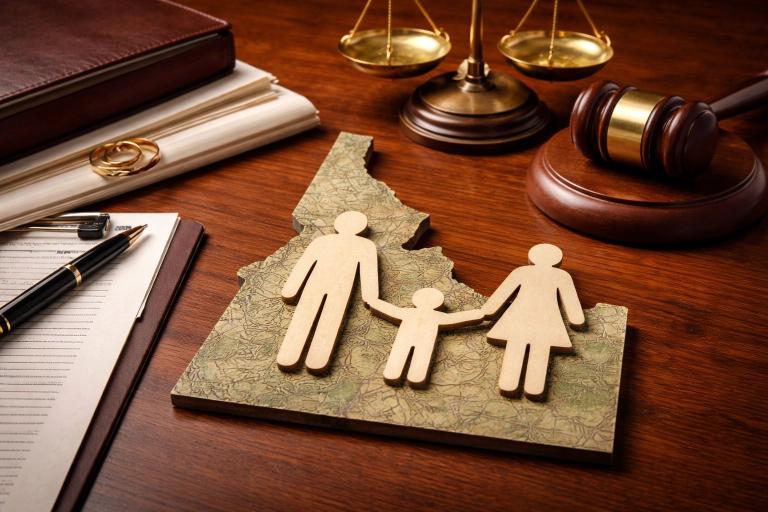 A conceptual image representing child custody in Idaho, featuring wooden family figures on a map of Idaho alongside legal items such as a gavel, documents, and scales of justice, symbolizing custody decisions and family law.