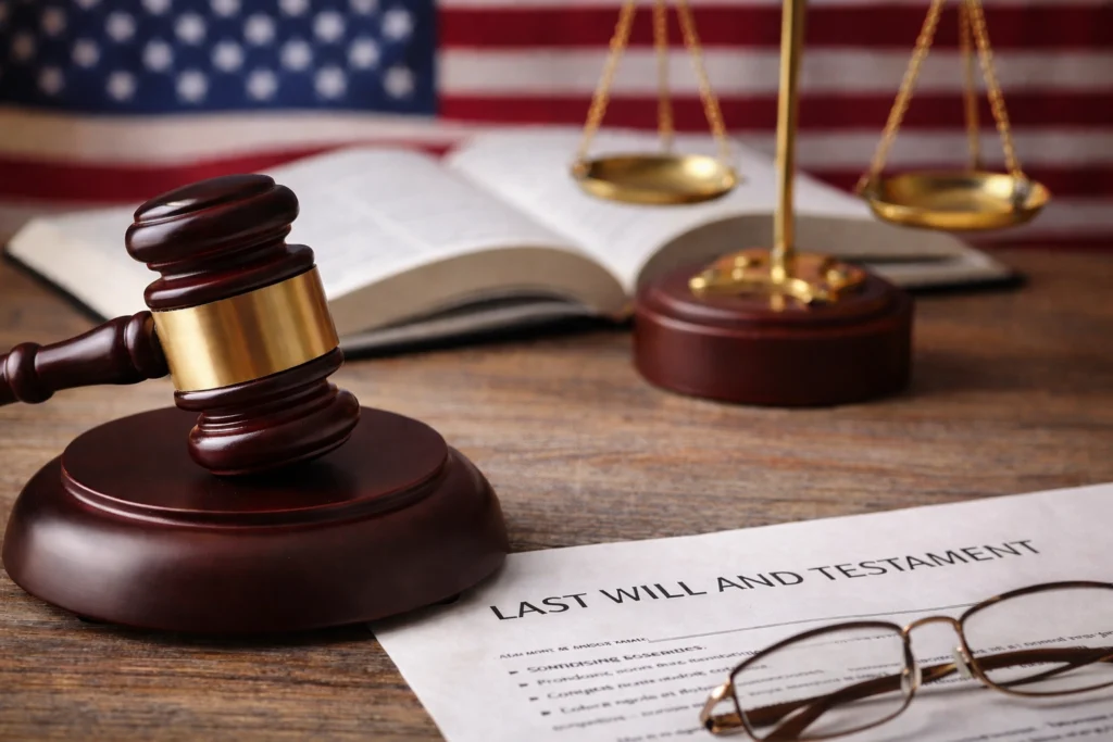 A legal scene showing a gavel, last will and testament, and documents on a desk, representing the Idaho probate process and estate settlement procedures.