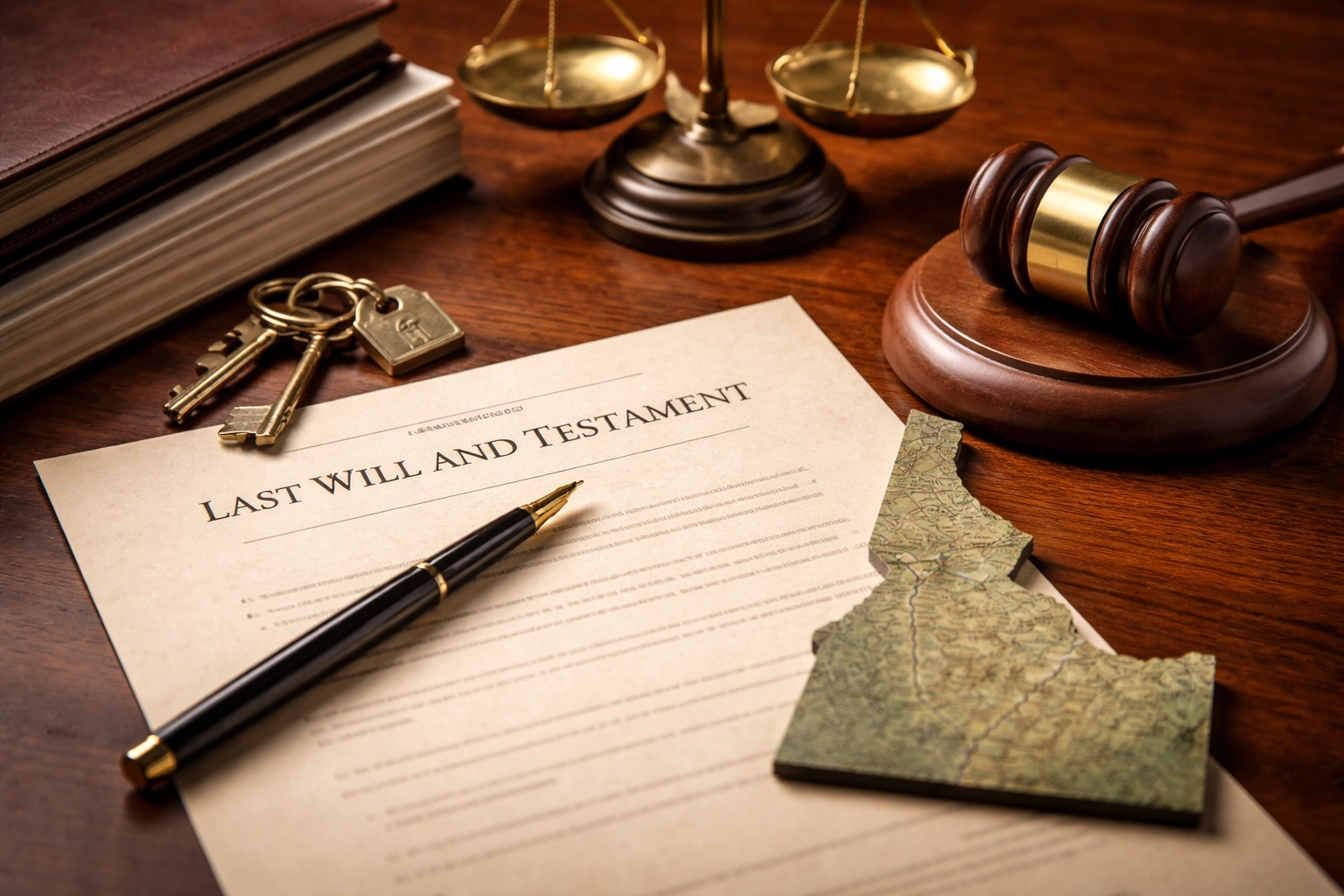 A legal still-life scene representing Idaho probate, featuring a will document, judge’s gavel, keys, and a map of Idaho on a wooden desk, symbolizing estate administration and probate proceedings.