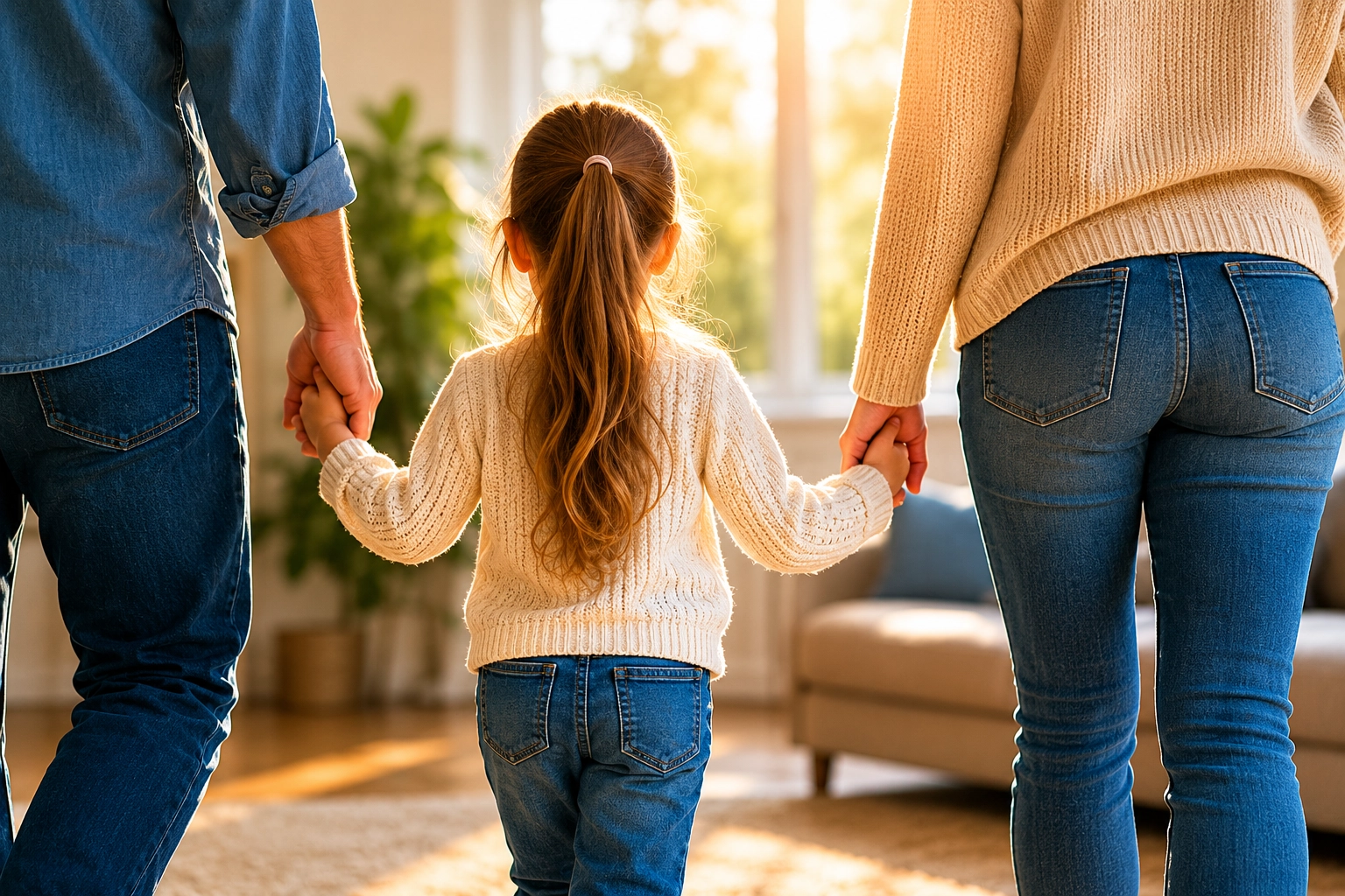 Child holding hands with both parents, representing the best interests of the child in an Idaho custody case.