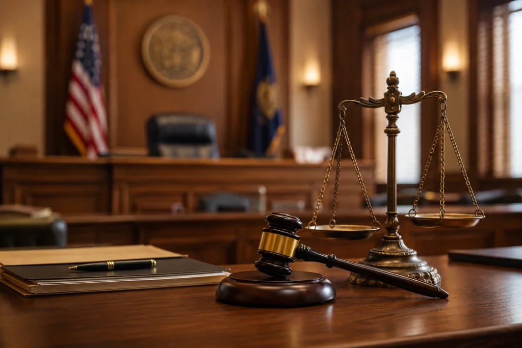 Family court courtroom in Idaho with judge's bench, gavel, and legal documents, representing preparation for an Idaho family court hearing.