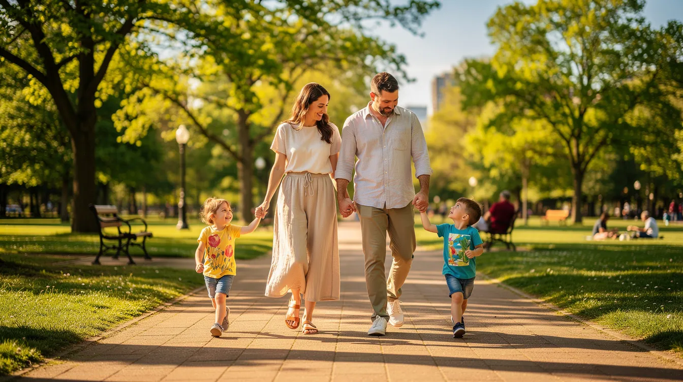 A young family with two small children is enjoying a sunny day in the park, walking together and creating joyful memories. This scene highlights the importance of family members coming together to discuss vital topics like estate planning and future financial affairs, ensuring their loved ones are cared for.