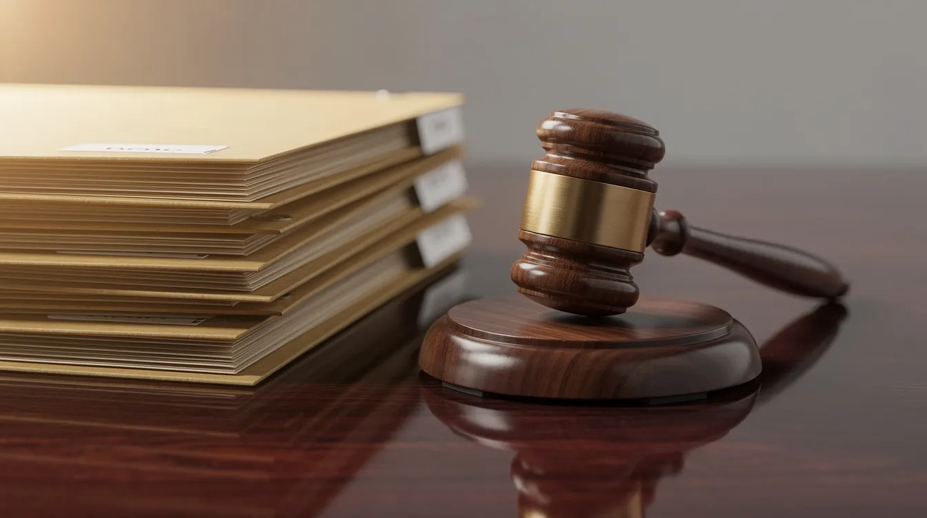 The image depicts a wooden gavel resting on a polished desk, accompanied by neatly organized manila folders, symbolizing the formal probate process in Idaho. This setting suggests an environment where legal documents related to estate assets and personal representative's responsibilities are managed within the probate court.