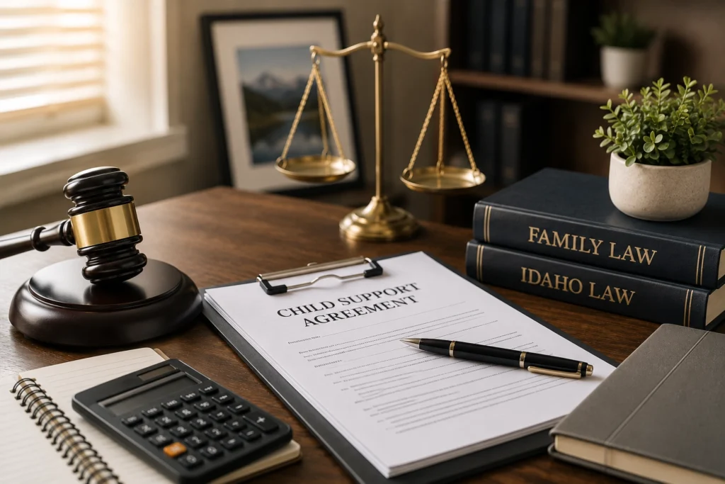 A professional law office workspace featuring legal documents, a judge's gavel, financial paperwork, and Idaho family law references, illustrating the process of modifying child support or custody after an income change.