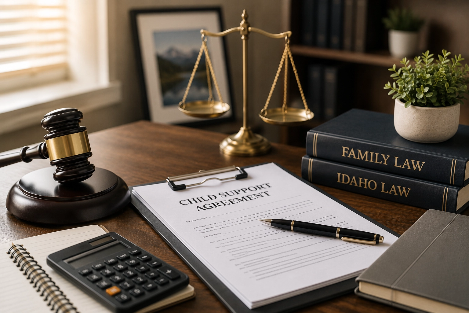 A professional law office workspace featuring legal documents, a judge's gavel, financial paperwork, and Idaho family law references, illustrating the process of modifying child support or custody after an income change.