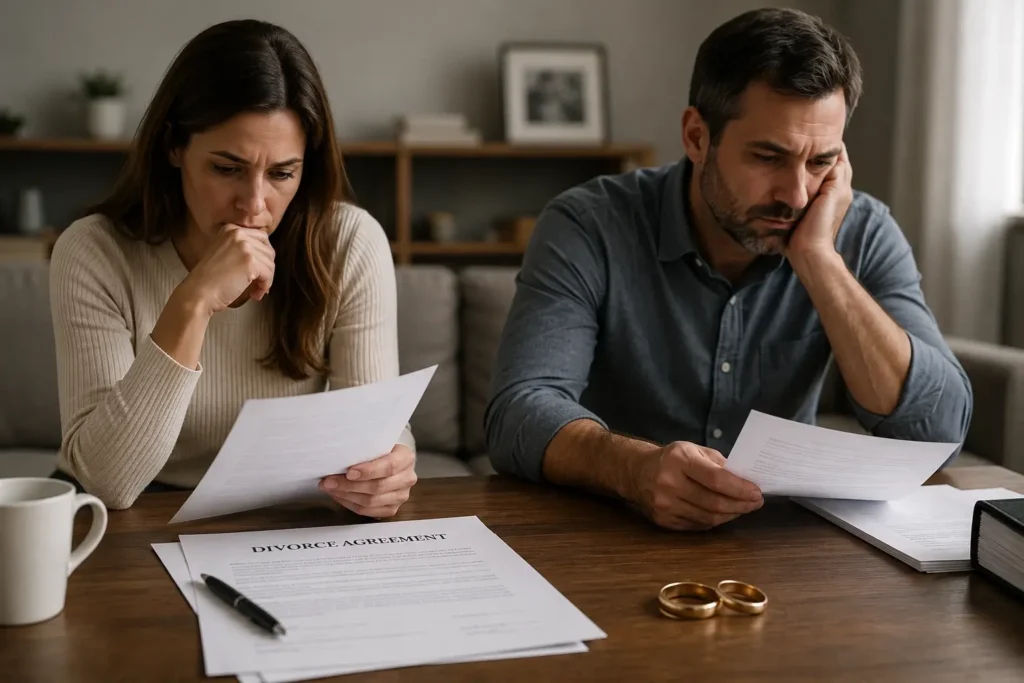 A couple sits apart while reviewing divorce paperwork, with wedding rings and a divorce agreement on the table, representing the emotional and legal challenges of adultery and divorce in Idaho.