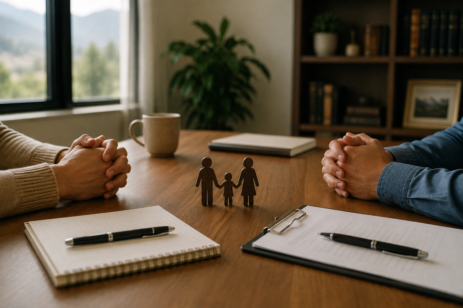 Family mediation in Idaho with parents discussing custody and parenting matters at a mediation table.