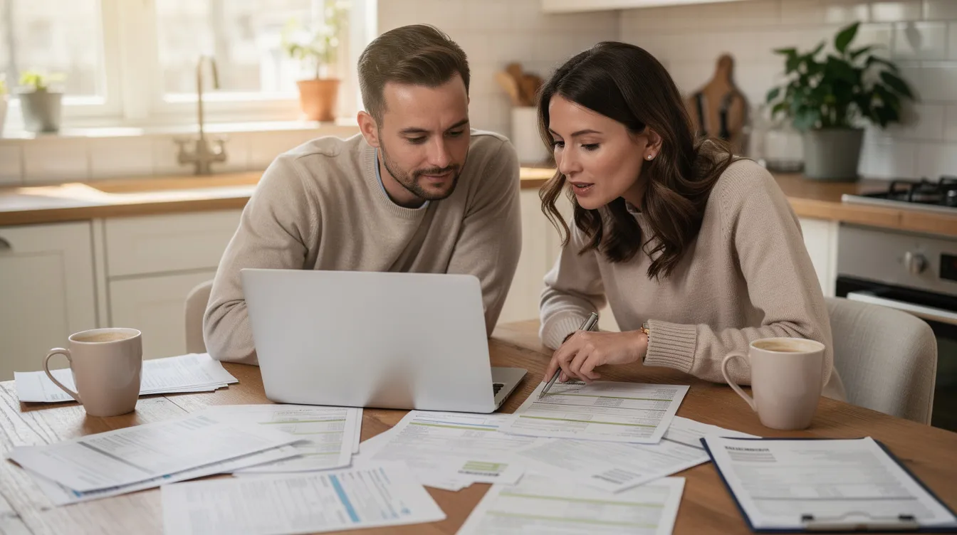 A couple is seated at a kitchen table, diligently reviewing financial documents, which may include details about bank accounts, real property, and other assets related to the deceased spouse's estate. This scene highlights the importance of estate planning and understanding the probate process, particularly for the surviving spouse navigating the legal process after the decedent's death.