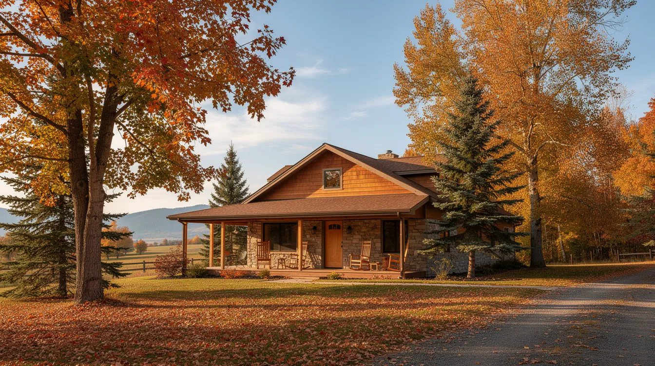 A serene Idaho home features a welcoming front porch, surrounded by vibrant autumn trees. This picturesque setting evokes a sense of tranquility, reminiscent of the careful estate planning needed when considering a deceased spouse's estate and the probate process.