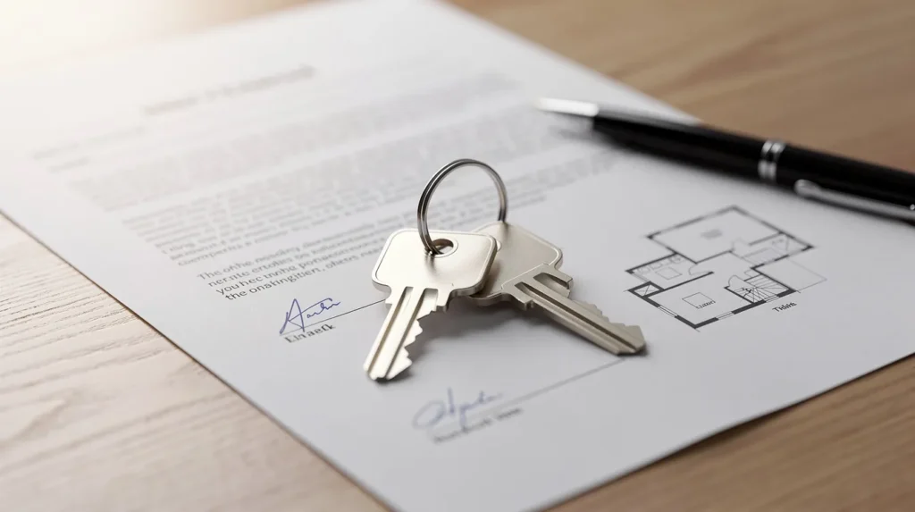 House keys resting on real estate documents, representing property ownership and the probate process a surviving spouse may need to navigate in Idaho.