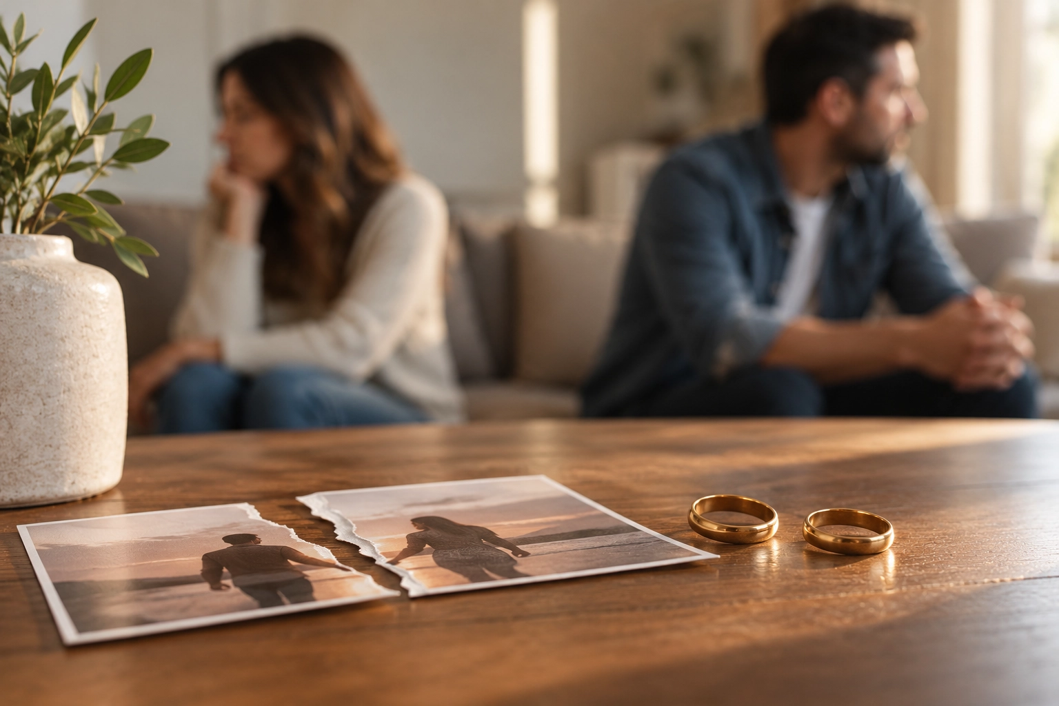 A couple experiencing emotional distance during marital separation, with wedding rings and a torn photograph symbolizing the end of a marriage. This image illustrates the emotional challenges of divorce and the importance of understanding Idaho divorce laws.