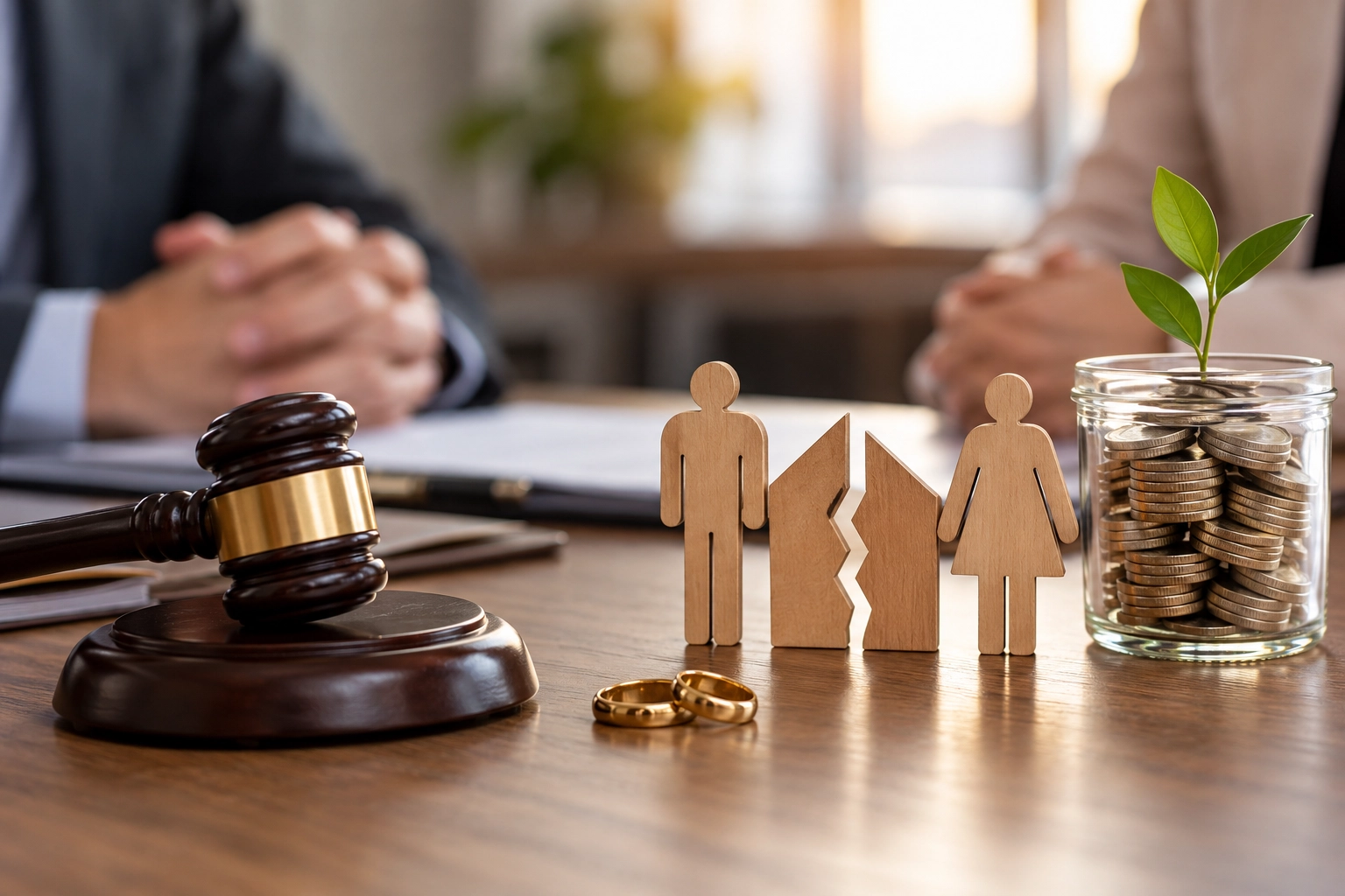 QDRO legal services for retirement asset division during divorce, featuring a judge's gavel, separated couple figures, wedding rings, and retirement savings.